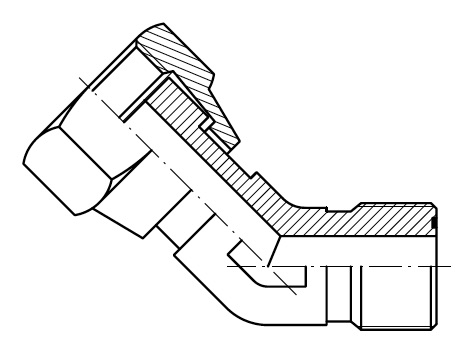 45° Adapter ORFS wartel binnendraad × ORFS buitendraad, ORFS, 45° · 11/16"-16H 11/